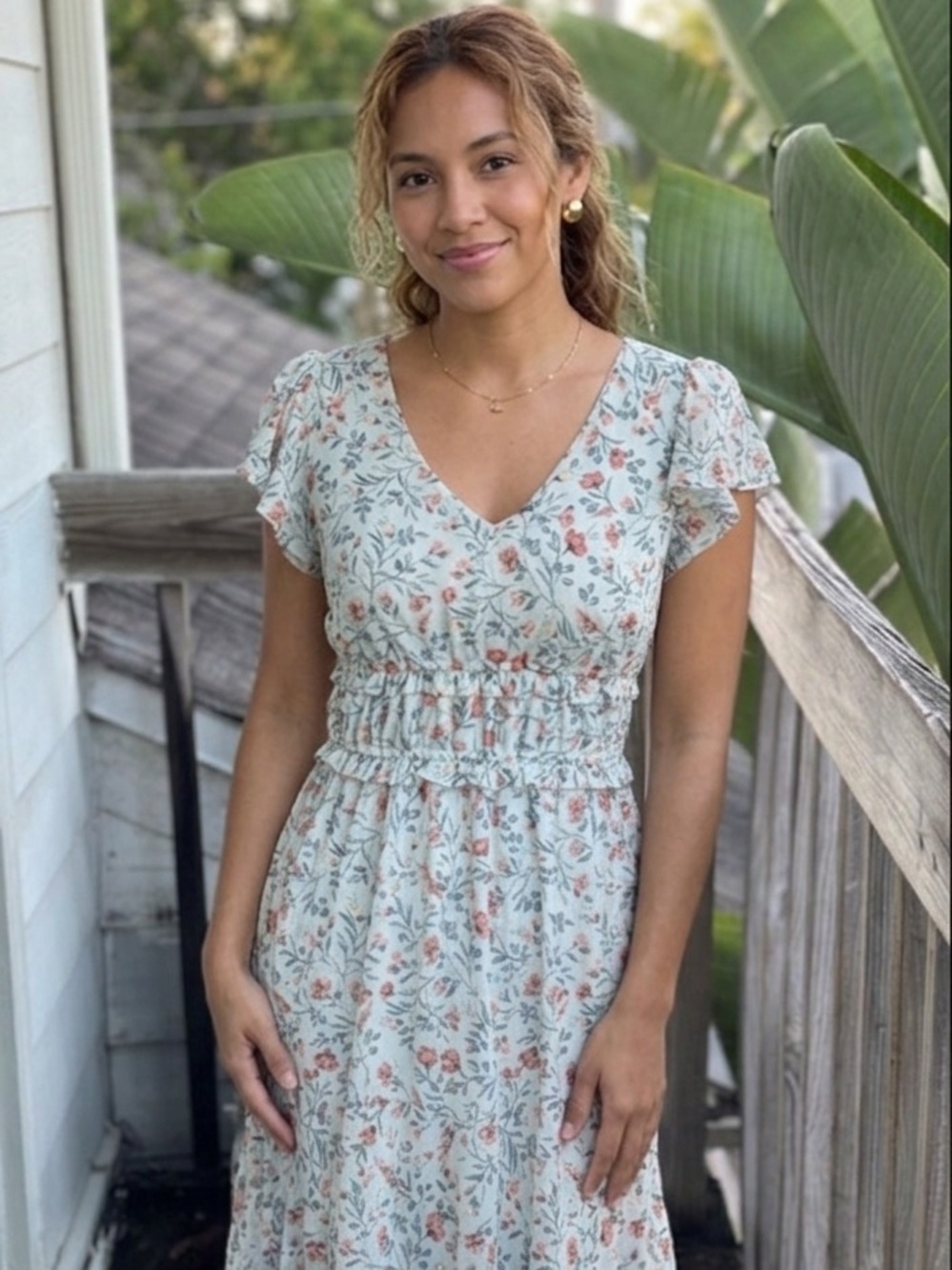 Luxology Floral Midi Dress Small Green Red Smocked Waist Cottagecore Boho